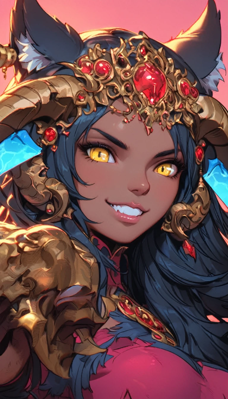 best quality,4k,8k, highres, masterpiece:1.2), ultra-detailed, extremely detailed eyes, extremely detailed body, (large masterpiece digital art), (detailed manga illustration), (detailed line art), ((perfect anatomy)), (intricate details:1.3), (ultra-detailed:1.3), (illustration:1.3), (sharp focus:1.3), (natural lighting:1.05), (vivid colors:1.3), (masterpiece), (best quality:1.4), (perfect anatomy:1.4), high quality, expressive eyes, full body, detailed face, beautiful face, perfect face, 1girl, ((dark skin)), animal ears, black sclera, smile, colored sclera, breasts, solo, monster girl, black hair, (wolf ears), large breasts, curvy, wide hips, long hair, ((gold eyes)), claws, grin, fur, looking at viewer, collar, ((dynamic action pose)), tail, (wolf tail), {(dragon horns)}, demon horns, wings, sadistic smile, hair over eye, {regal outfit}, tiny crown, blue fire, curvy, sexy dress, dark skin, cinematic lighting, dramatic atmosphere, Beautiful woman, dragon spear in hand, Jeff Bridges, ((cartoon style)), Marvel Cinematic Universe style, (((hell castle in the background))), soft bokeh of hellscape, Atey Ghailan, Jeremy Mann, Greg Manchess, Antonio Moro, trend in ArtStation, trend in CGSociety, Intricate, High Detail, Sharp focus, dramatic and photorealistic painting art by Midjourney and Greg Rutkowski,