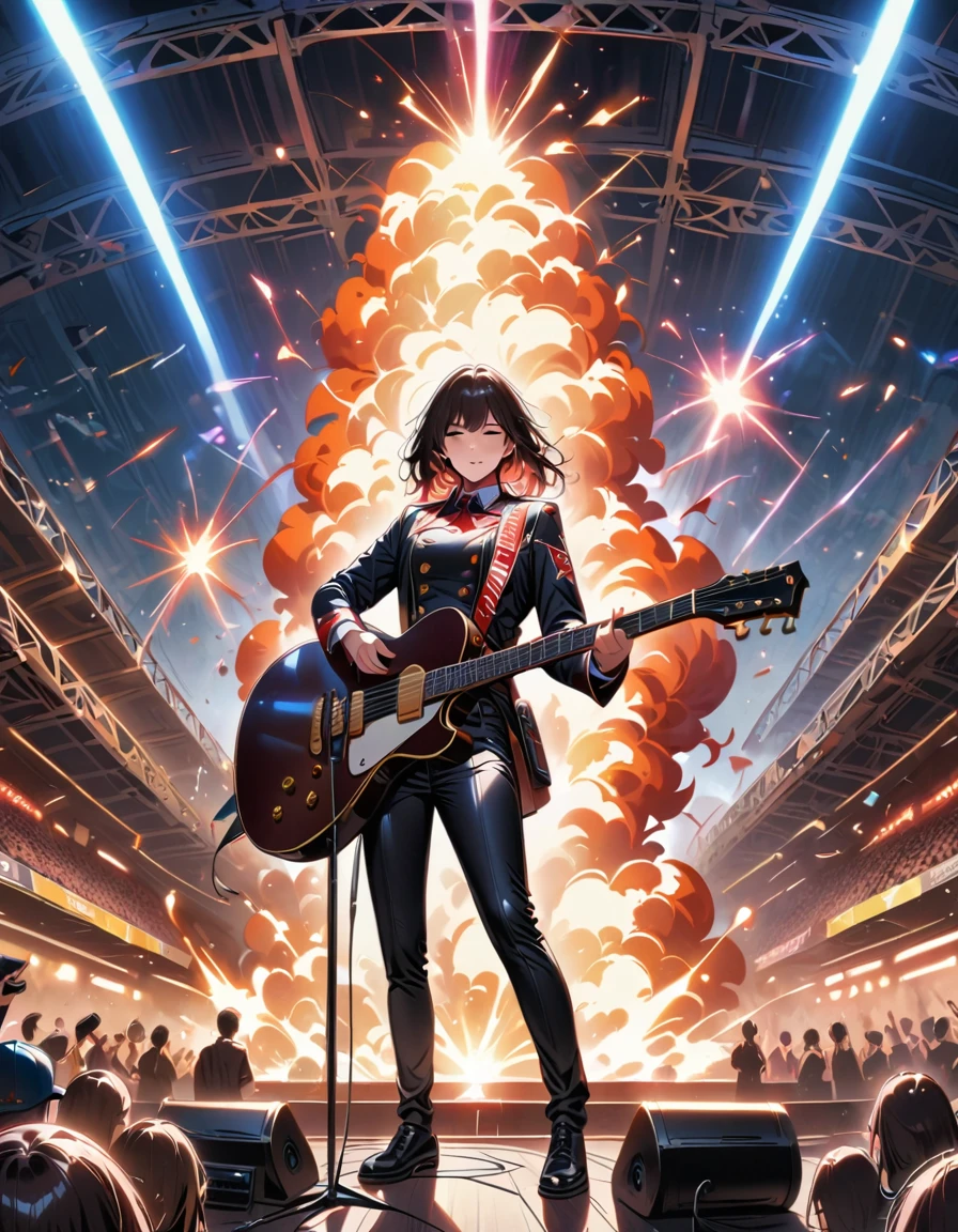 (best qualityer,4K,8K,high resolution,work of art:1.2),super verbose,(real,Photoreal,photo-real:1.37),rock star,singer,guitar,'s uniform,blackw,Cramped,gold accents,spacewalk,hysterical chant,Stage lighting,rebellious,glitch art,shiny colors,energy performance,electric atmosphere,loud music,Screaming fans,huge speakers,Fire explosion,dynamic poses,Smoke and fog effects,expressive face,rotating lights,flash,darkness background,bold style,wild hair,microphone stand,guitar声音失真,Musica rock,celebridade,电guitar独奏,Huge concert stage,strut on stage,condescending,Emotional intensity,Loud and heavy drum beat,Electricity,Fireworks stage,Powerful vocal performance,The stadium is packed,thousands of fans,roaring crowd,flash,electric atmosphere,sweaty and energy performance,legendary figures,Acting skills,standing ovation