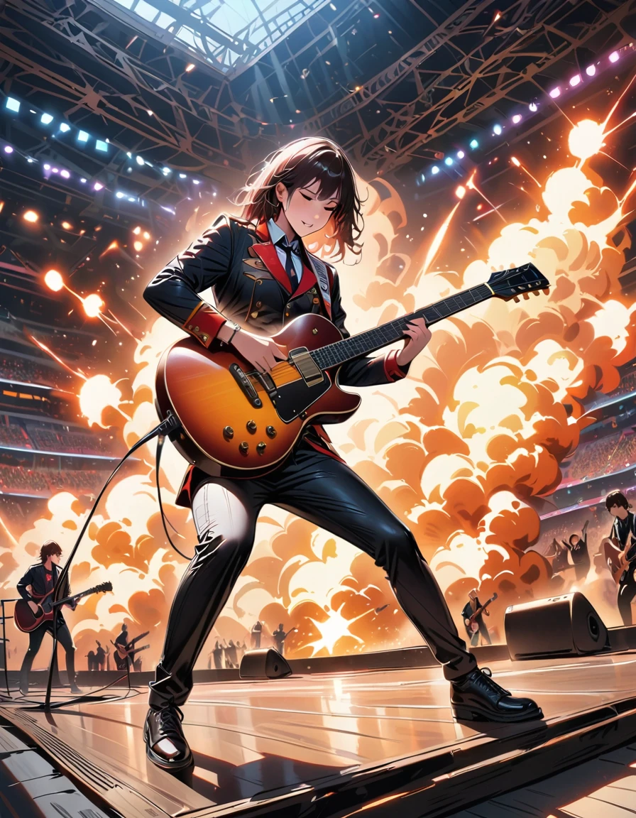 (best qualityer,4K,8K,high resolution,work of art:1.2),super verbose,(real,Photoreal,photo-real:1.37),rock star,singer,guitar,'s uniform,blackw,Cramped,gold accents,spacewalk,hysterical chant,Stage lighting,rebellious,glitch art,shiny colors,energy performance,electric atmosphere,loud music,Screaming fans,huge speakers,Fire explosion,dynamic poses,Smoke and fog effects,expressive face,rotating lights,flash,darkness background,bold style,wild hair,microphone stand,guitar声音失真,Musica rock,celebridade,电guitar独奏,Huge concert stage,strut on stage,condescending,Emotional intensity,Loud and heavy drum beat,Electricity,Fireworks stage,Powerful vocal performance,The stadium is packed,thousands of fans,roaring crowd,flash,electric atmosphere,sweaty and energy performance,legendary figures,Acting skills,standing ovation