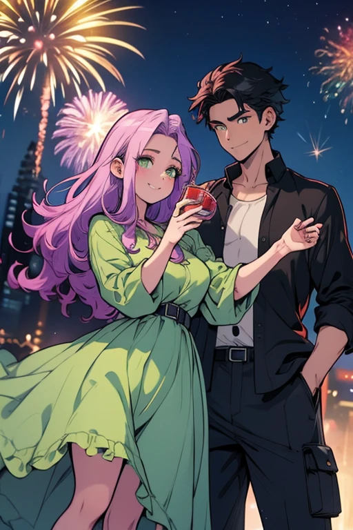 One man. One woman. Perfect face. Perfect hands. A light purple haired woman with green eyes with an hourglass figure and long hair in a frilly summer dress is watching fireworks with a black haired man with green eyes in a rolled up shirt and cargo pants with big smiles in the park at night
