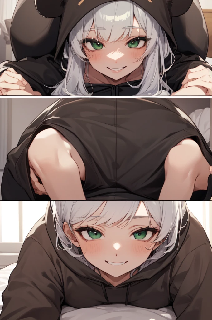 beautiful, (masterpiece), best quality, (extremely detailed face), extremely detailed eyes, perfect lighting, OverallDetail, detailed, deep skin,textured skin,
,bear costume ,black bear costume, long sleeves, hood up,,mallow , long hair, green eyes, big smile,on bed ,sitting between pillows,
,