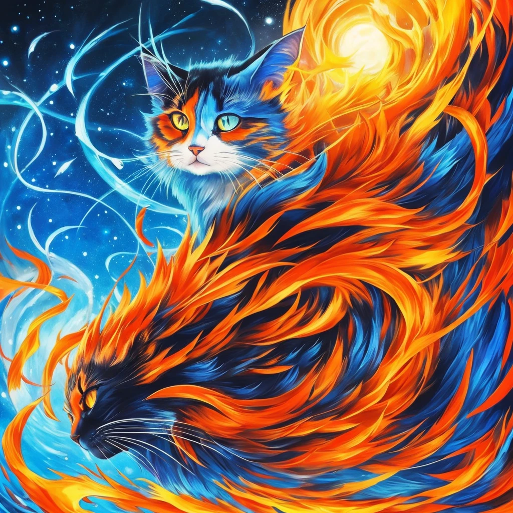 painting of a cat with bright blue eyes and a red tail, neko, cat from the void, demon cat, nekro iii, yellow - orange eyes, a painting of a cat, nekro, with glowing yellow eyes, cyborg kitten, orange cat, nekro xiii, oil painting of cat witch, painting of a cat, cat. digital painting