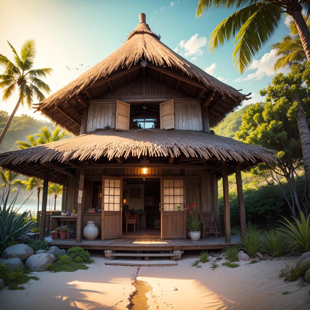 A painting depicting a paradise-like environment on a tropical island, White sand beaches and crystal clear turquoise waters.
expensive, Thin palm trees line the coast, Swaying in the Wind.
Thatched hut by the sea, Hammock included, Enchanting relaxation.
A wide variety of exotic animals, Colorful parrots on a tree々that'Like flying,Dolphins jumping into the waves.
lush tropical flowers々々,Colorful, Orchids are also included, Hibiscus and Ananas.
Amazing waterfall, Water flows into a lake surrounded by dense vegetation.
People who enjoy the outdoors々, How to Dive, Surfing and yoga on the beach.
The setting sun paints the sky a soft orange, Pink and Gold, Reflected on the still water.
The feeling of living in harmony with nature, Creates a relaxing and invigorating atmosphere.
Fine texture details, Like soft sand underfoot, Vivid bird feathers and waterfall drops.
Rich and bright color palette, Highlights the natural beauty and vibrancy of tropical environments。.