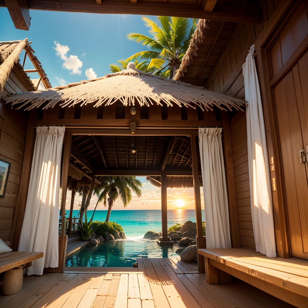 A painting depicting a paradise-like environment on a tropical island, White sand beaches and crystal clear turquoise waters.
expensive, Thin palm trees line the coast, Swaying in the Wind.
Thatched hut by the sea, Hammock included, Enchanting relaxation.
A wide variety of exotic animals, Colorful parrots on a tree々that'Like flying,Dolphins jumping into the waves.
lush tropical flowers々々,Colorful, Orchids are also included, Hibiscus and Ananas.
Amazing waterfall, Water flows into a lake surrounded by dense vegetation.
People who enjoy the outdoors々, How to Dive, Surfing and yoga on the beach.
The setting sun paints the sky a soft orange, Pink and Gold, Reflected on the still water.
The feeling of living in harmony with nature, Creates a relaxing and invigorating atmosphere.
Fine texture details, Like soft sand underfoot, Vivid bird feathers and waterfall drops.
Rich and bright color palette, Highlights the natural beauty and vibrancy of tropical environments。.