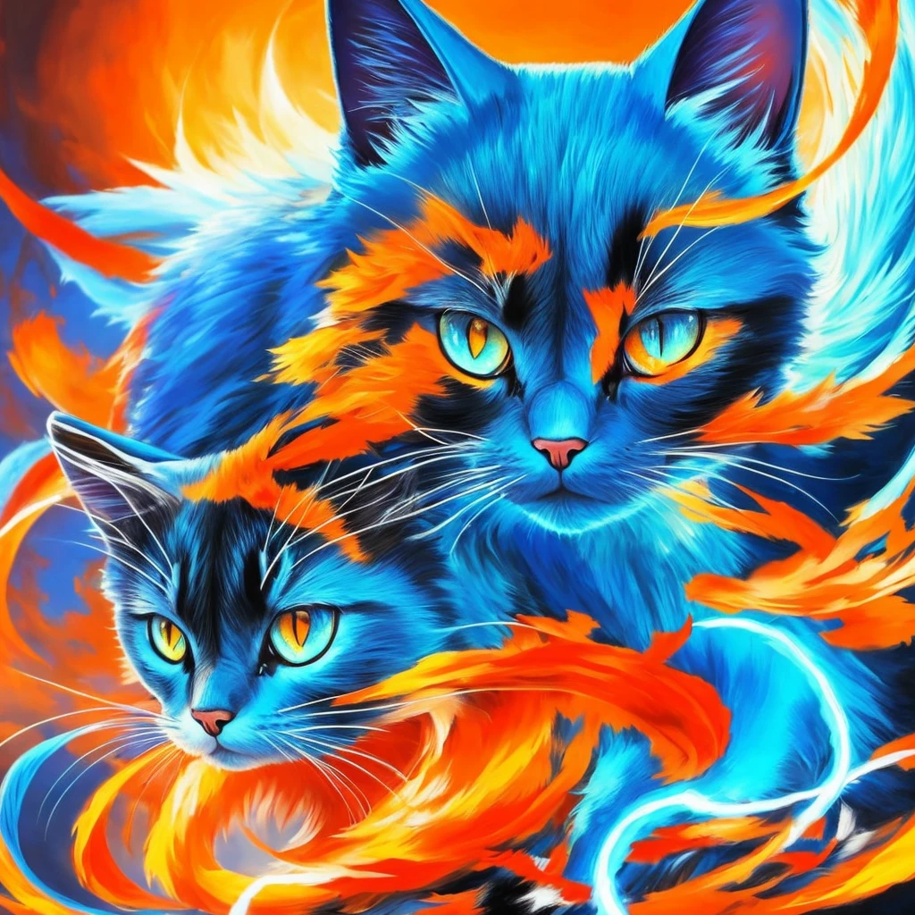 painting of a cat with bright blue eyes and a red tail, neko, cat from the void, demon cat, nekro iii, yellow - orange eyes, a painting of a cat, nekro, with glowing yellow eyes, cyborg kitten, orange cat, nekro xiii, oil painting of cat witch, painting of a cat, cat. digital painting