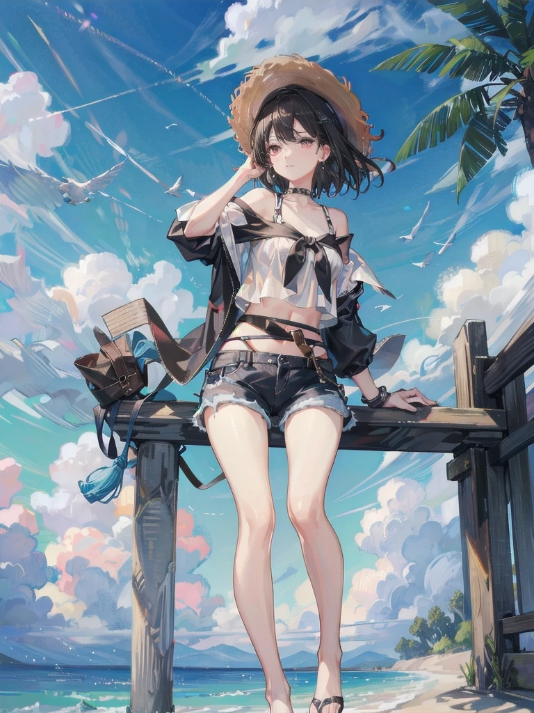 absurdres, RAW photo, extremely delicate and beautiful, masterpiece, Best Quality, ultra high resolution, 32k, hyperrealistic, ultra-detailed, perfect figure, in her 20s, very small head, very small face, delicate facial features, tearful mole, earring, very huge breasts, bare legs, hands, foot, full body shot, medium hair, black hair, colored inner hair, casual, blouse, white shirt, buttoned shirt, bare shoulders, collarbone, midriff, navel, shorts, straw hat,