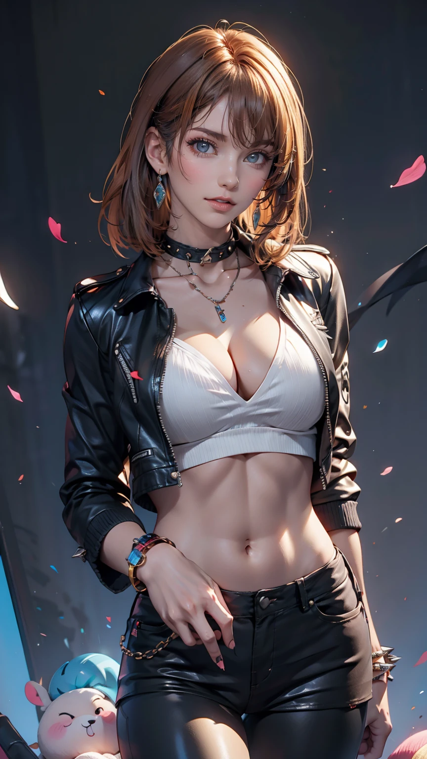 masterpiece, Highest quality, Dynamic pose, Dynamic Angle, Remains, Dynamic Background, Multicolored background, One girl, Are standing、24-year-old woman、Silver Hair、Girl wearing a spiked collar、24 year old Caucasian female、Sexy proportions、Punk rock fashion、Black Shirt、Leather jacket、Leather leggings、Flashy makeup、long hair、rosary necklace、rosary earrings、Put a spiked bracelet on your wrist、Shortcuts