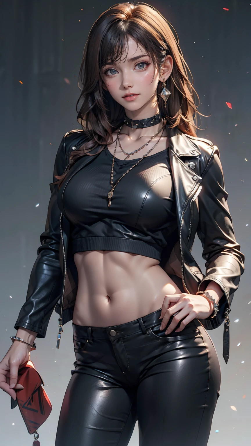 masterpiece, Highest quality, Dynamic pose, Dynamic Angle, Remains, Dynamic Background, Multicolored background,  One girl, Are standing、24-year-old woman、Silver Hair、Girl wearing a spiked collar、24 year old Caucasian female、Sexy proportions、Punk rock fashion、Black Shirt、Leather jacket、Leather leggings、Flashy makeup、long hair、rosary necklace、rosary earrings、Put a spiked bracelet on your wrist、Shortcuts