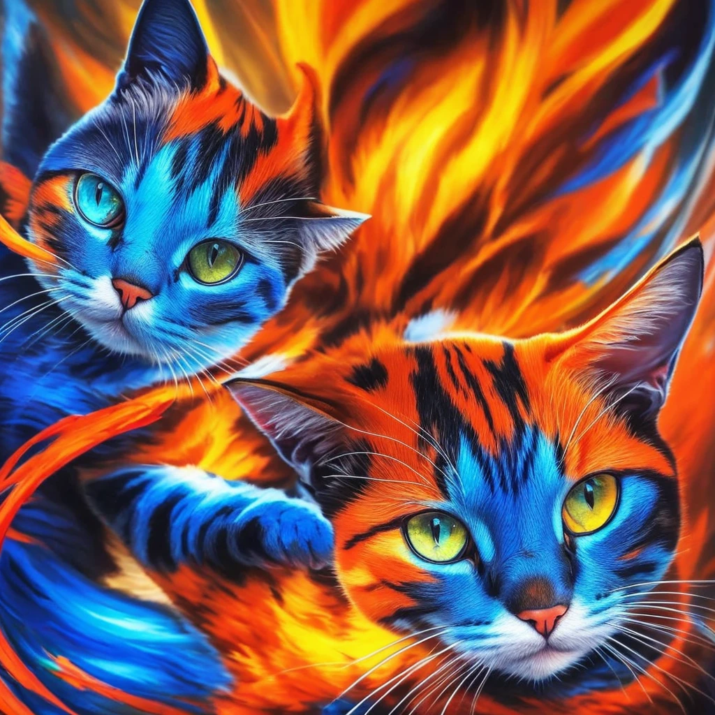 painting of a cat with bright blue eyes and a red tail, neko, cat from the void, demon cat, nekro iii, yellow - orange eyes, a painting of a cat, nekro, with glowing yellow eyes, cyborg kitten, orange cat, nekro xiii, oil painting of cat witch, painting of a cat, cat. digital painting