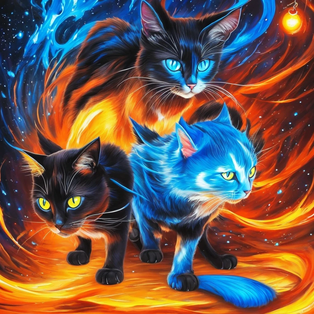 painting of a cat with bright blue eyes and a red tail, neko, cat from the void, demon cat, nekro iii, yellow - orange eyes, a painting of a cat, nekro, with glowing yellow eyes, cyborg kitten, orange cat, nekro xiii, oil painting of cat witch, painting of a cat, cat. digital painting