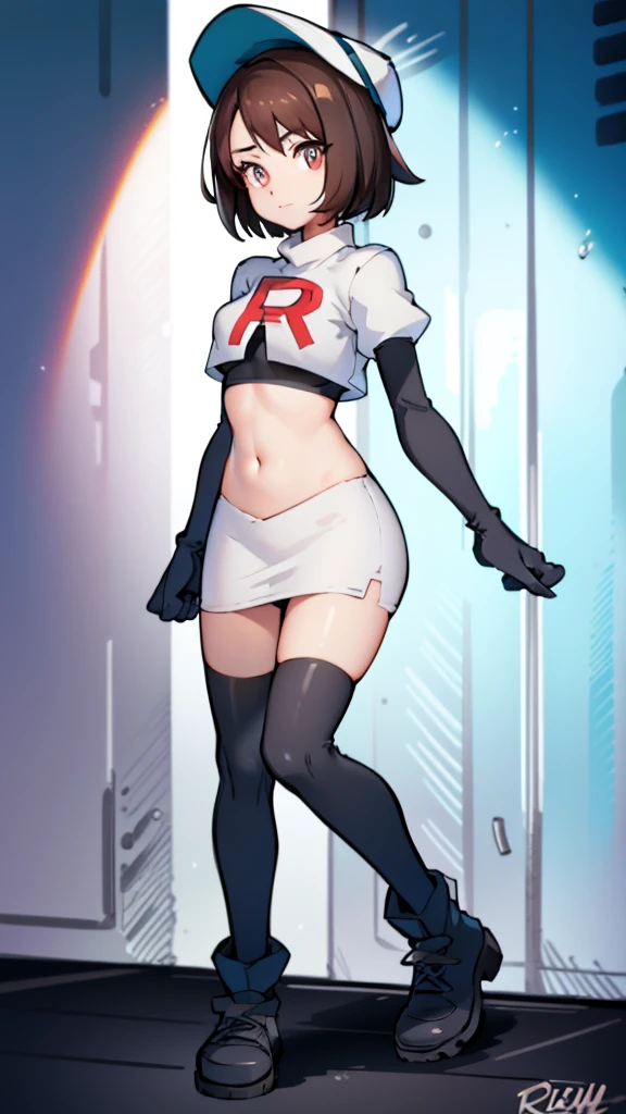 pokemon gloria, pokemon gloria, grown you are, Brown hair, short hair, (small breasts:1.2),
BREAK baseball cap, has, Team Rocket,Team Rocket uniform, red letter R, White skirt,White crop top,black thigh high stockings,black elbow length gloves BREAK looking at viewer,
BREAK (Masterpiece:1.2), Best Quality, high resolution, unity wallpaper 8k, (illustration:0.8), (Beautiful detailed eyes:1.6), extremely detailed face, perfect lighting, Extremely detailed CG, (perfect hands, perfect anatomy),