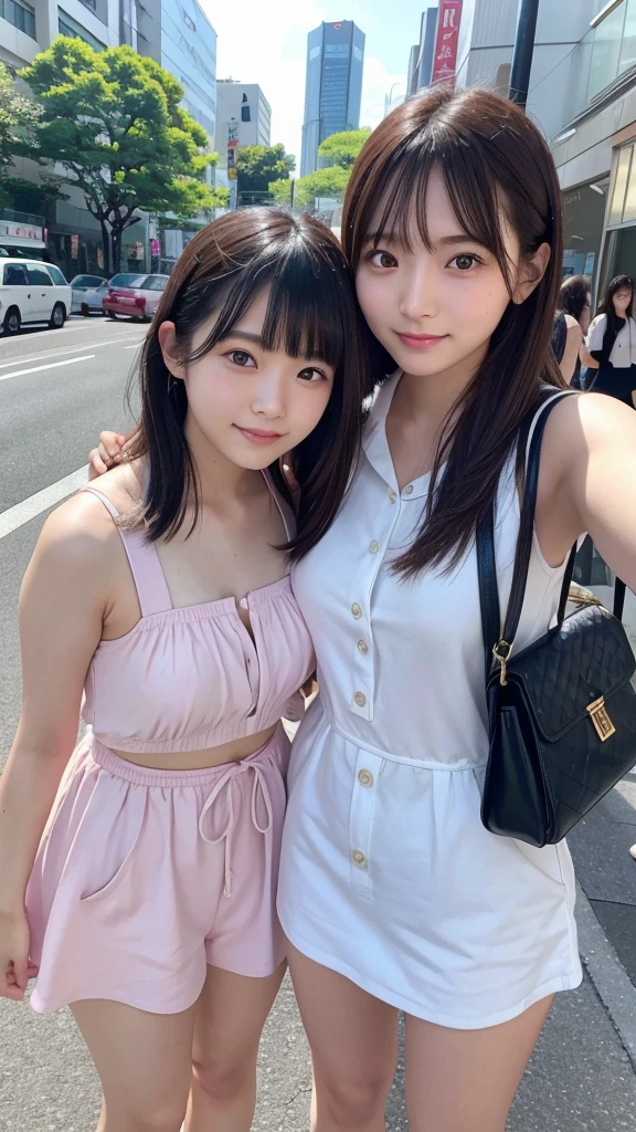 Highest quality、high resolution、(Selfie)、cheek-to-cheek、Two Girls、Japanese、20-year-old、Beauty、Beautiful face、Cute face、Well-formed face、Summer clothes、Tokyo cityscape