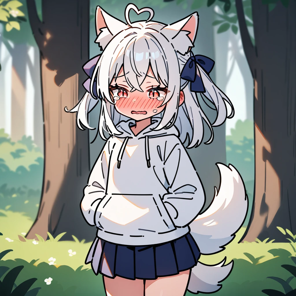 （masterpiece：1.2，high quality），8K，High resolution，A -year-girl，e girl，white hair，long hair，hair two side up，hair bow，crossed bangs，red eyes，slit pupils，heart ahoge，cat ears，full-face blush，embarrassed，crying，tears，Wearing a white hoodie，Dark blue pleated skirt，Stand in the forest，There are flowering trees on both sides.，primary scho，dog tail，（Put your hands in your pockets），（（Put your hands in your pockets））