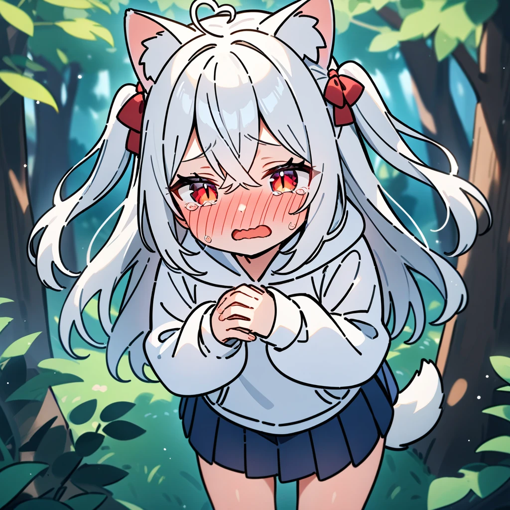 （masterpiece：1.2，high quality），8K，High resolution，A seven-year-old girl，cute girl，white hair，long hair，hair two side up，hair bow，crossed bangs，red eyes，slit pupils，heart ahoge，cat ears，full-face blush，embarrassed，crying，tears，Wearing a white hoodie，Dark blue pleated skirt，Stand in the forest，There are flowering trees on both sides.，primary school student，thigh，alone，dog tail，（Put your hands in your pockets），（（Put your hands in your pockets））