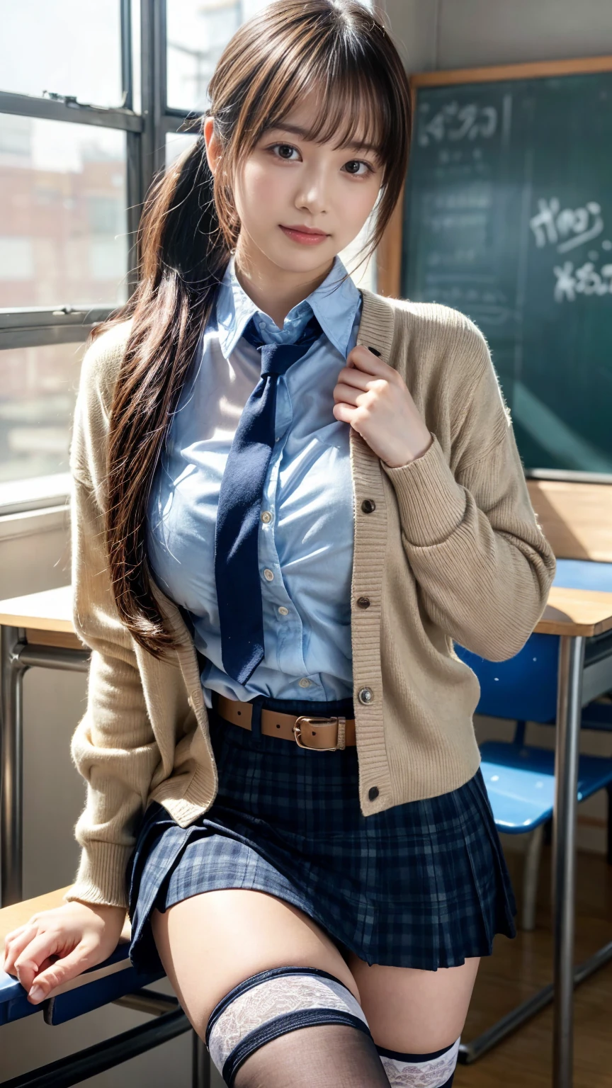 masterpiece, best quality, illustration, Super detailed, fine details, High resolution, 8K,wall paper, perfect dynamic composition,(Details High quality, realistic depiction of eyes:1.3), High School Classroom、High school girl uniform、Cardigan、Super Short Check Uniform Skirt、Navy blue high socks、garterbelts、Colossal tits、Disturbed uniform、low ponytail, black hair color, sexy pose, Big Natural Color Lip, bold sexy pose, (perfect body shape), crying a little、 Harajuku style、20 year old girl、cute type, beautiful legs, hposing Gravure Idol, Voluptuous thighs