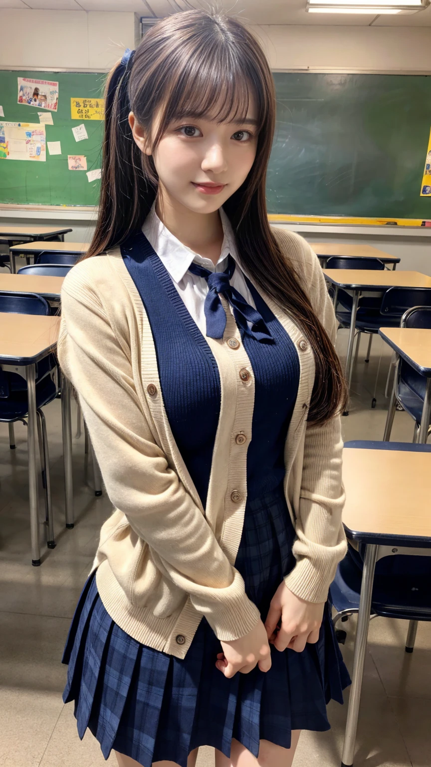 masterpiece, best quality, illustration, Super detailed, fine details, High resolution, 8K,wall paper, perfect dynamic composition,(Details High quality, realistic depiction of eyes:1.3), High School Classroom、High school girl uniform、Cardigan、Super Short Check Uniform Skirt、Navy blue high socks、garterbelts、Colossal tits、Disturbed uniform、low ponytail, black hair color, sexy pose, Big Natural Color Lip, bold sexy pose, (perfect body shape), crying a little、 Harajuku style、20 year old girl、cute type, beautiful legs, hposing Gravure Idol, Voluptuous thighs