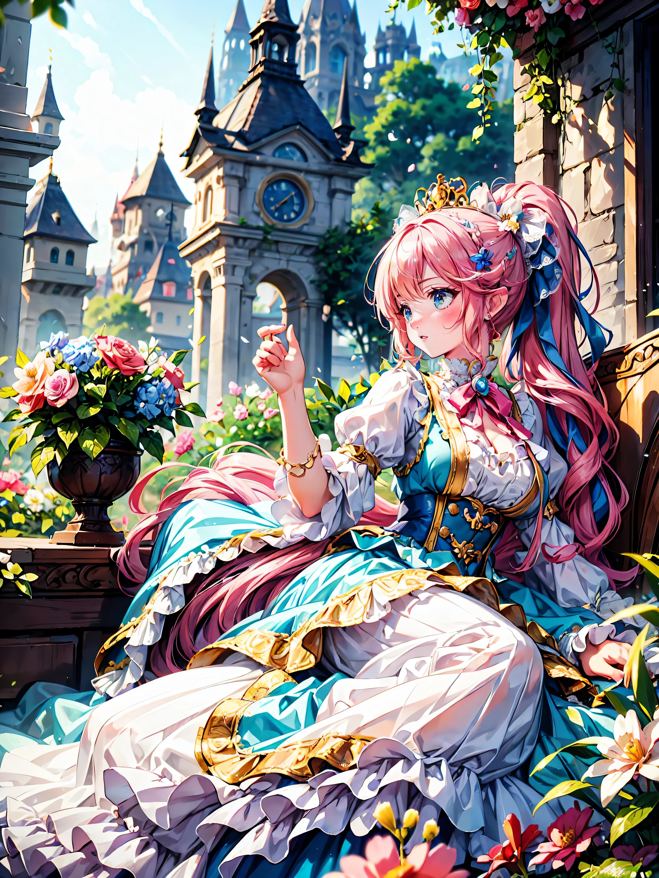 anime moe art style, ((Masterpiece, ultra detailed, exquisite quality)), (((young face solo princess))), (dress light yellow dress), (((ultra elaborate gorgeous rococo victorian gown with voluminous hoopskirt and long hems and lot of frills and pleats dense lace and cute ribbon, princess style skirt, ultra lovely gown))), (((hair pink hair))), ((fluffy long ponytail)), (Expressive very voluminous hair), ((huge breasts)), breasts cleavage, (((lying on one’s back, spread legs, front view))), super delicate face, kawaii face, (hyper detail delicate eyes, hyper beautiful eyes), (eyes blue eyes), (((So lot's of colorful flowers))), ((face focus, eyes focus, blurry background:1.5)), (isometric 3D:1.3), particle effect,