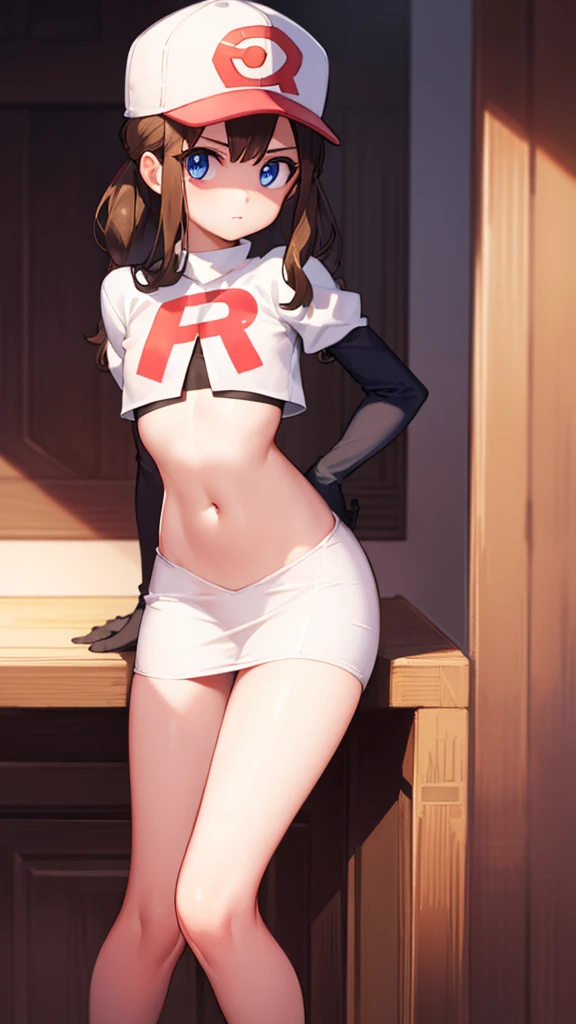 pokemon hilda, pokemon hilda, Blue eyes, Brown hair, wide, Horse tail, (small breasts:1.2),
BREAK baseball cap, has, Team Rocket,Team Rocket uniform, red letter R, White skirt,White crop top,black thigh high stockings,black elbow length gloves BREAK looking at viewer,
BREAK (Masterpiece:1.2), Best Quality, high resolution, unity wallpaper 8k, (illustration:0.8), (Beautiful detailed eyes:1.6), extremely detailed face, perfect lighting, Extremely detailed CG, (perfect hands, perfect anatomy),