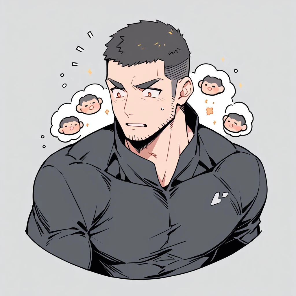 anime characters：Priapus, Muscle Sports Student, Buzz Cut, Manliness, male focus, Dark black high collar long sleeve tight T-shirt, Very tight, Round, full and perky chest muscles, muscular male, muscular, only, Upper body, alone, Black short hair, Thick eyebrows, stubble, Brown-red pupils, Grey background, simple background, amazing quality, best aesthetics, Ridiculous, crew cut, parted lips, flustered, endured face, best quality