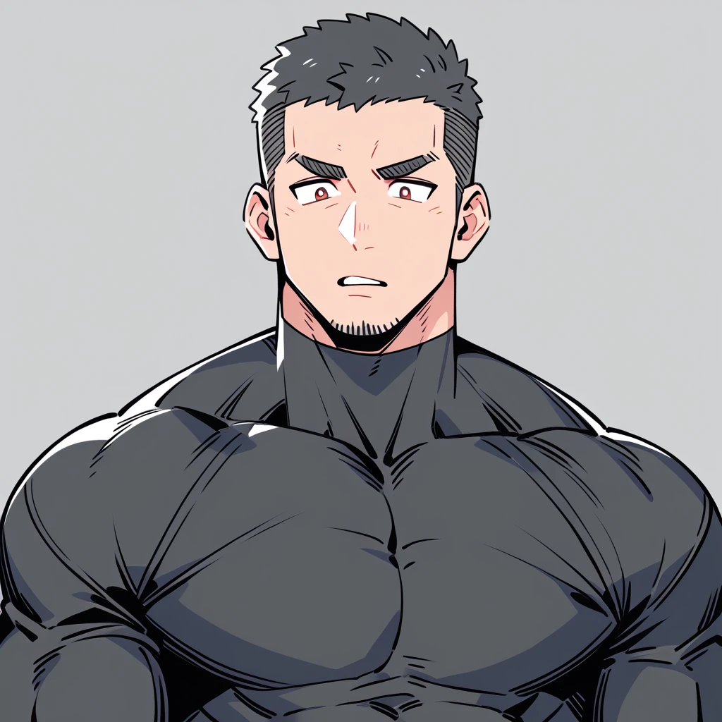 anime characters：Priapus, Muscle Sports Student, Buzz Cut, Manliness, male focus, Dark black high collar long sleeve tight T-shirt, Very tight, Round, full and perky chest muscles, muscular male, muscular, only, Upper body, alone, Black short hair, Thick eyebrows, stubble, Brown-red pupils, Grey background, simple background, amazing quality, best aesthetics, Ridiculous, crew cut, parted lips, flustered, endured face, best quality