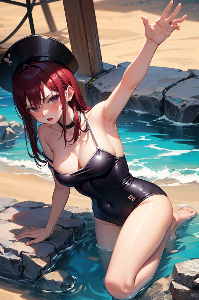 Random patterned swimsuit、Random Swimsuit、Swimsuits in random colors、Random pose、、Acme Face、Random pose、, Pale purple eyes、Semi-long hair、Dark red hair、Sandy Beach、、、nsfw、Highest quality、1 girl、solo、Ocean、Sexy pose、Random pose、Blushing、wet、Embarrassed、I can see half of my 、、One Piece Swimwear、(Strap slip:1.3)、Swimsuits in random colors、Swimwear