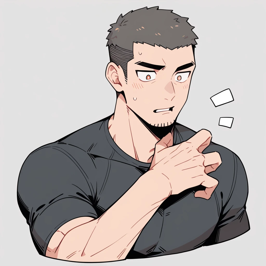 anime characters:Priapus, Muscle Sports Student, Buzz Cut, Manliness, male focus, Dark black high collar long sleeve tight T-shirt, Very tight, Round, full and perky chest muscles, muscular male, muscular, only, Upper body, alone, Black short hair, Thick eyebrows, stubble, Brown-red pupils, Grey background, simple background, amazing quality, best aesthetics, Ridiculous, crew cut, parted lips, flustered, endured face, best quality