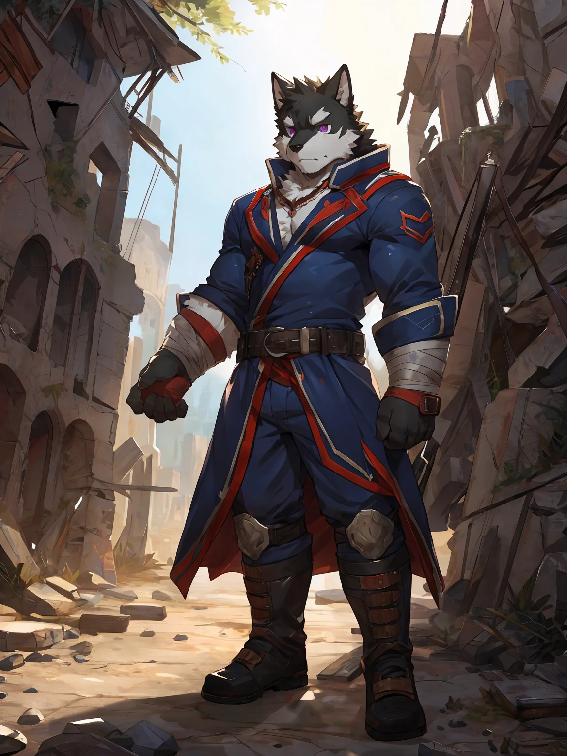 embedding:black wolf, male,purple eyes,Scar on the face, scar on the body,Single person,The end of the world,sit in the ruins,His leg was bandaged,A shabby uniform,A heavy expression,Serious expression, a little sad.Fleshy thighs,Thigh straps,With an iron bar in his hand,The highest quality of scene detail,adult,Tall and powerful,muscle,Best quality hands, best quality eye,detailed fur,Delicate eyes.Extreme picture quality,by sollyz,by zixiong,by milkytiger1145