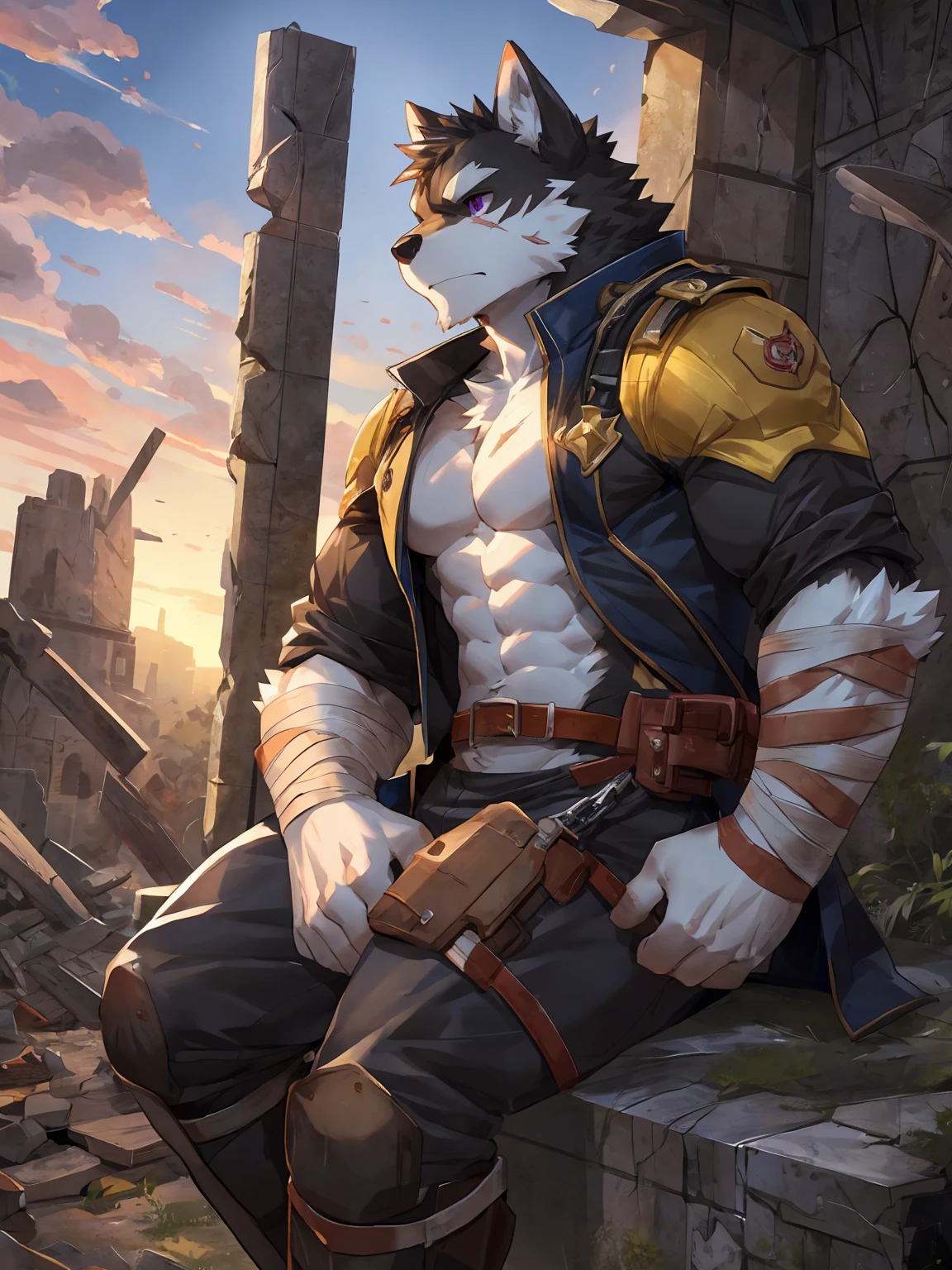 embedding:black wolf, male,purple eyes,Scar on the face, scar on the body,Single person,The end of the world,sit in the ruins,His leg was bandaged,A shabby uniform,A heavy expression,Serious expression, a little sad.Fleshy thighs,Thigh straps,With an iron bar in his hand,The highest quality of scene detail,adult,Tall and powerful,muscle,Best quality hands, best quality eye,detailed fur,Delicate eyes.Extreme picture quality,by sollyz,by zixiong,by milkytiger1145