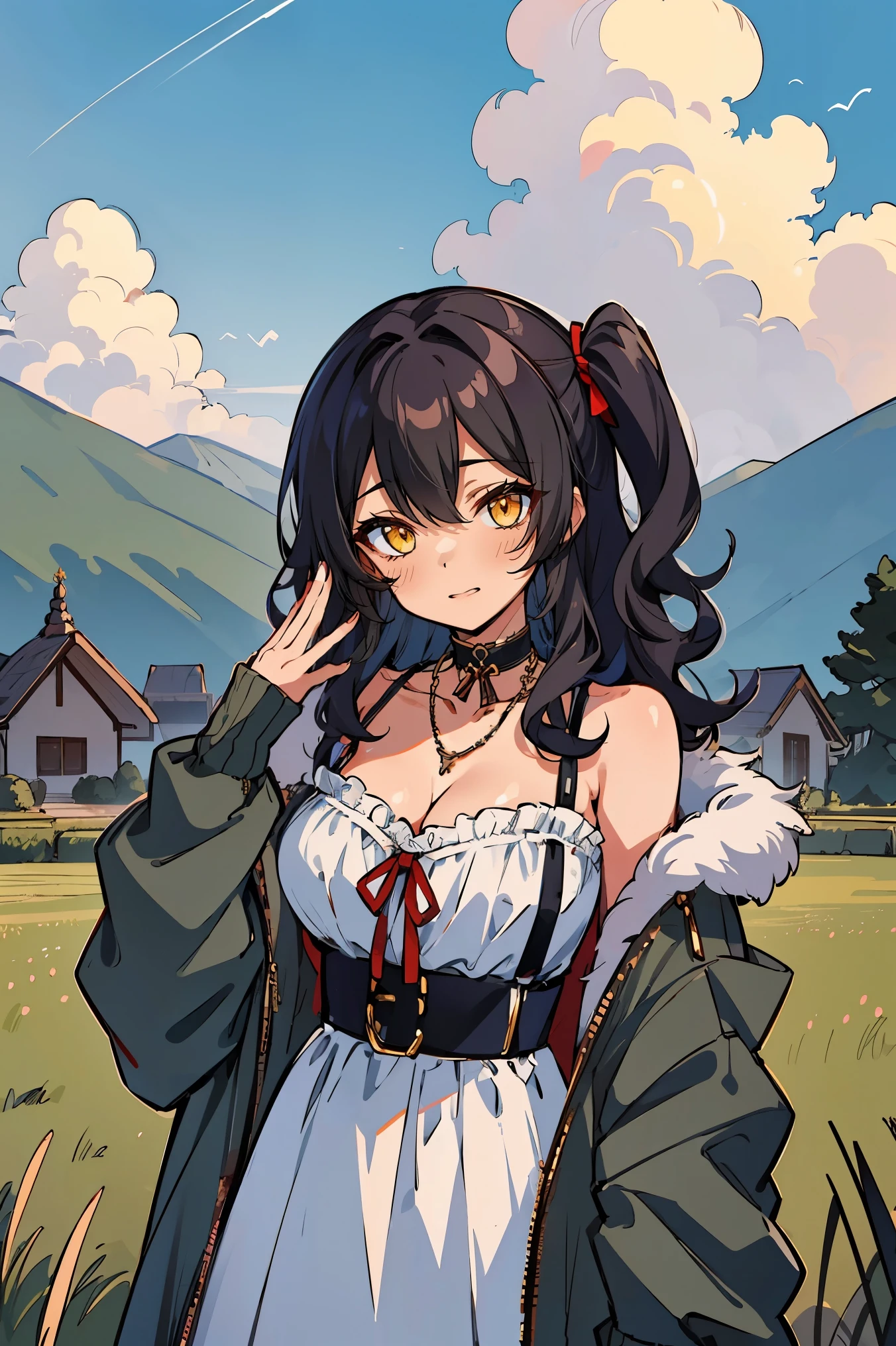 (masterpiece:1.2), (high quality:1.2), (hui xiyi:0.7), rekkyo sensen, rekkyou sensen, girls with((black hair, (wavy long hair, one side up:1.3), bare shoulders, breasts, choker, cleavage, coat, collar, collarbone, cowboy shot, dress, blue clothes, frills, red bow, red ribbon, neck ribbon, fur, fur collar, fur trim, hood down, hooded jacket, hoodie, jacket, large breasts, long hair, long sleeves, belt, suspenders, medium breasts, medium hair, necklace, open clothes, open hoodie, sleeveless, solo, winter clothes, zipper, cleavage, upper body, hand up, waving, palm)), background with((architecture, blue sky, bush, castle, village, no humans, cloud, cloudy sky, day, field, garden, grass, hill, house, lamppost, landscape, mountain, mountainous horizon, nature, no humans, outdoors, scenery, shrine, sky))