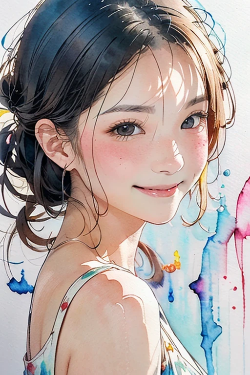 Cute Smile.(Ink drawing on Japanese paper, Bleeding easily)(Contemporary art like a picture book) (Transparent watercolor) (Light itself is expressed as reality) (Soft layer, Rich colors) (Water-diluted paint colors) (deep, Delicate colors)