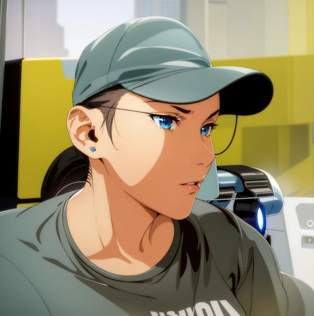 (best quality:1.5, highres, UHD, 4K, detailed lighting, shaders), black hair, short hair, sleek bob hair, cool woman, cool girl, tomboy girl, sharp eyes, blue eyes, beautiful, (pov, close shot), simple background, casual clothes, with headphones