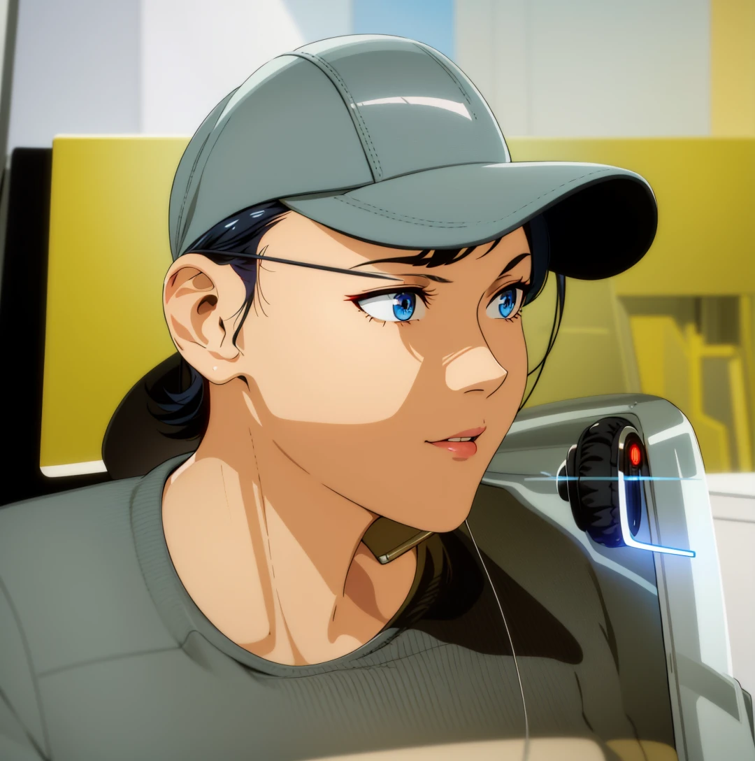 (best quality:1.5, highres, UHD, 4K, detailed lighting, shaders), black hair, short hair, sleek bob hair, cool woman, cool girl, tomboy girl, sharp eyes, blue eyes, beautiful, (pov, close shot), simple background, casual clothes, with headphones