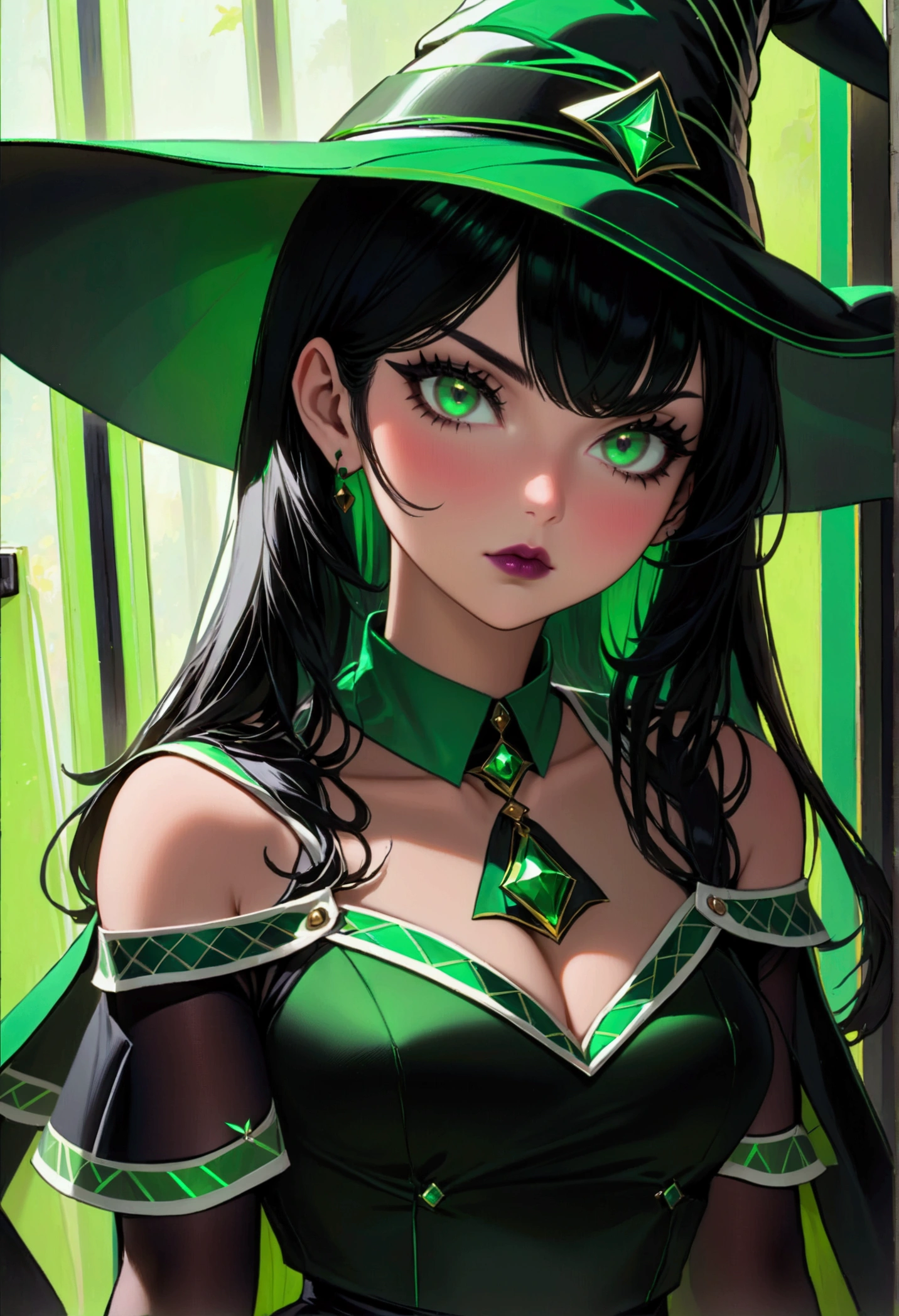 Witch , cute young face, emerald green eyes, long black hair with straight bangs, voluptuous ass, dark lipstick, (black high-waisted a-line mini skirt with emerald green line running across just above hem of skirt, cropped black little cape with green line across hem of cape, black witch hat with green line on brim of hat, black stockings with green line), white tucked in buttoned blouse, black Maryjane high heels, haughty expression with hands on hips