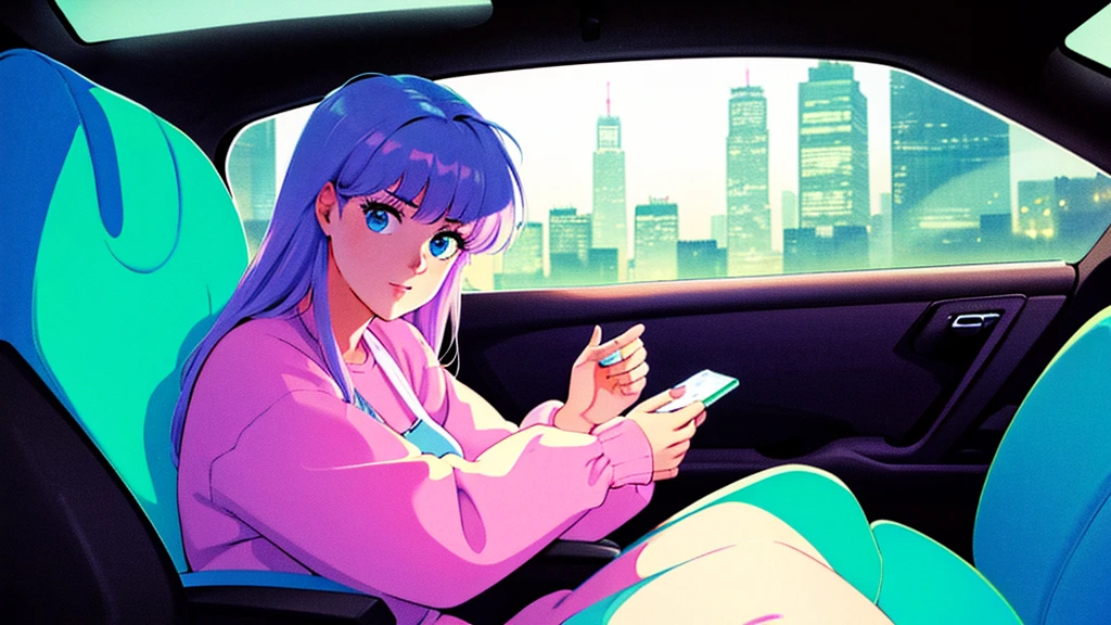 Create an image from the angle inside a car, showing a woman with a thoughtful expression on her face as she gazes out of the side window at the cityscape. The city outside should be visible, illuminated by streetlights and neon signs. Use soft, pastel colors and subtle gradients to capture a dreamy, reflective atmosphere. Ensure the interior of the car feels cozy and comfortable, adding to the overall serene vibe.窓の外を見ている。
