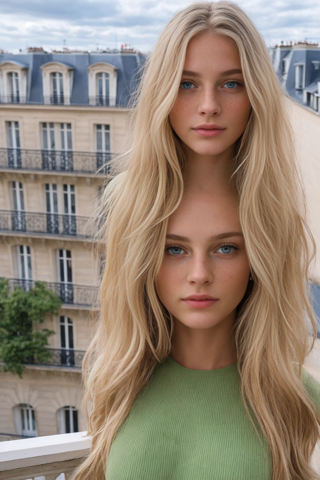 Photo on a balcony in Paris, a super realistic girl, Long blonde hair, large and pronounced bust, green eyes, a baby doll