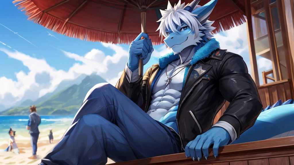 bynamic angle,depth of field, motion blur, absurdres,looking at viewer, (best quality), (masterpiece), (ultra detailed),(detailed eyes),sharp focus,manga,anthro male Blue Dragon,(muscular),Huge body chest , own pet kitty ,sky blue eyes,handsome jacket blue gray pants star pendant necklace sitting on the balcony beach white hairstyle
