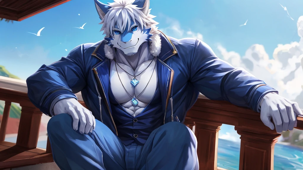 bynamic angle,depth of field, motion blur, absurdres,looking at viewer, (best quality), (masterpiece), (ultra detailed),(detailed eyes),sharp focus,manga,anthro male Blue Dragon,(muscular),Huge body chest , own pet kitty ,sky blue eyes,handsome jacket blue gray pants star pendant necklace sitting on the balcony beach white hairstyle