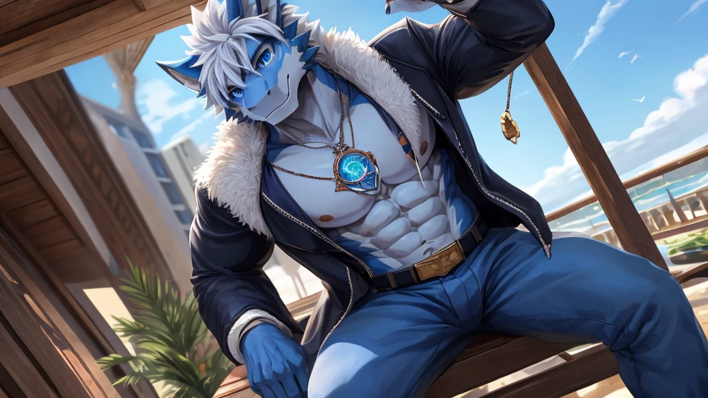 absurdres, highres, ultra detailed, HDR, master piece, best quality, perfect eyes, defined appearance, Dabi, white hair spiked around his head, hair between the eyes, expressive turquoise eyes, boku no hero academia, solo, sexy man, handsome, toned chest, horny, sensual, erotic, white coat, black boxers, red couch, sitting, room