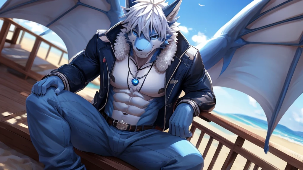 bynamic angle,depth of field, motion blur, absurdres,looking at viewer, (best quality), (masterpiece), (ultra detailed),(detailed eyes),sharp focus,manga,anthro male Blue Dragon,(muscular),Huge body chest , own pet kitty ,sky blue eyes,handsome jacket blue gray pants star pendant necklace sitting on the balcony beach white hairstyle