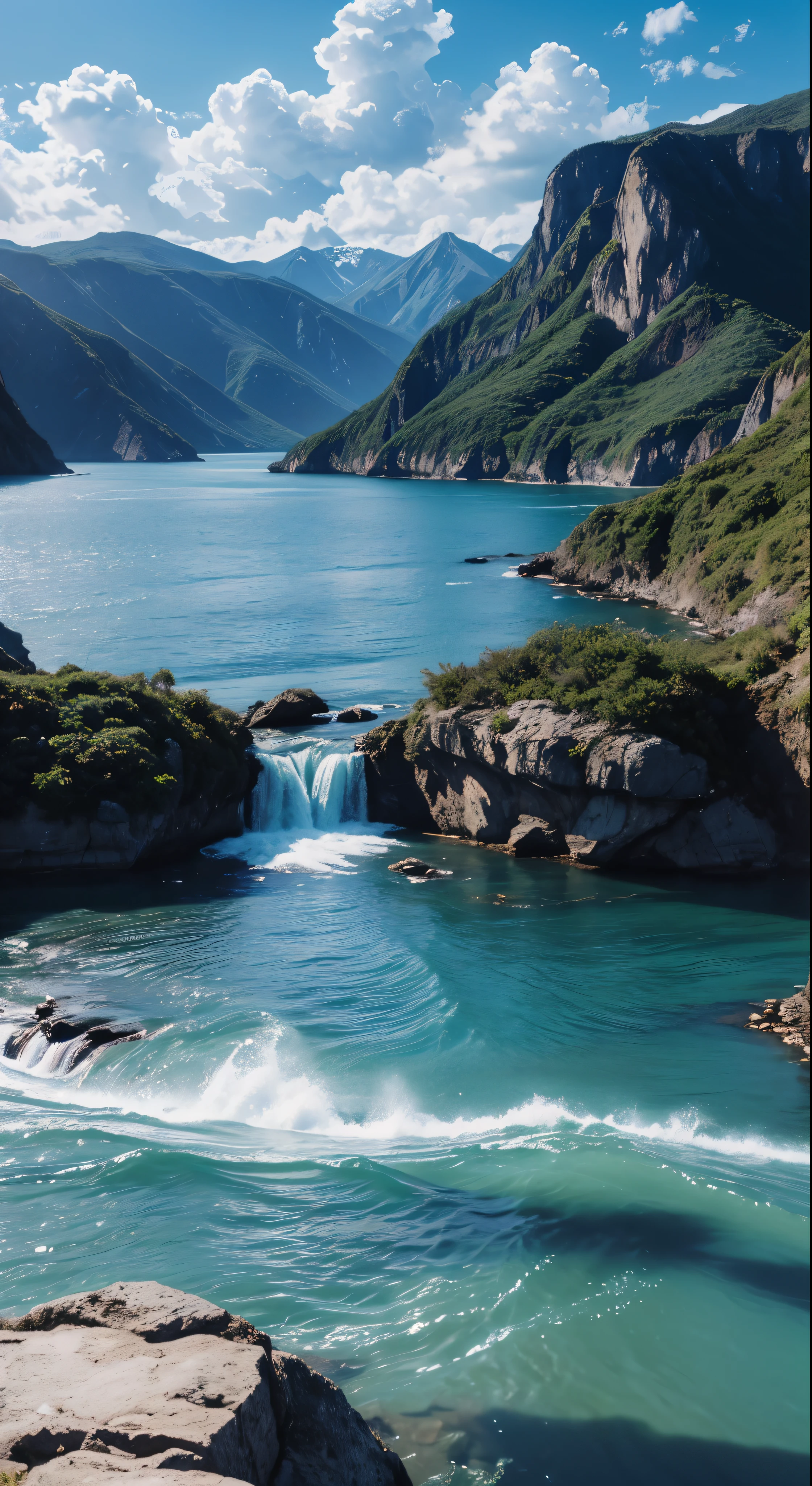 (Magical pretty sky blue stream overlay scene)、(zero)、(cloud)、Soft lighting、Clean background、美しいzeroの風景、masterpiece、high quality、Beautiful graphics、High detail、artstation、Sharp Focus、Inspirational 8k wallpapers、Contrast of sea and mountains。Spectacular and mysterious