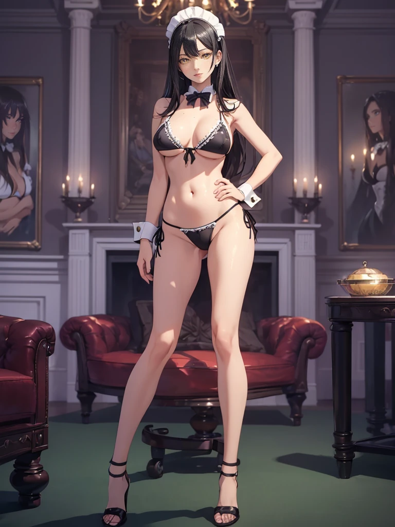 ((1girl, solo)), mature female, beautiful body, (perfect anatomy, perfect body, perfect hands, perfect legs), nice hands, natural proportions, sexy body, (large breasts:1.3), standing, hand on hip, full body BREAK
((extremely detailed face)), (yellow eyes:1.2), (beautiful detailed eyes:1.6), (realistic pupils, realistic iris:1), expressive eyes, ((looking at viewer)), (clear eyes:1.3), (hyperrealistic:1.2), (detailed skin texture:1.2), smooth skin, (black hair:1.5), long hair, hair between eyes, (detailed lips:1.2), (attractive lips:1.1), (glossy lips:1.1), ((smile)), perfect face, perfect eyes BREAK
maid, (maid bikini:1.5), maid headdress, (detached collar:1.3), (black bowtie:1.3), front-tie top, ((black bikini)), covered nipples, ((wrist cuffs)), side-tie bikini bottom, bare legs, black footwear, high heels BREAK
indoors, carpet, candlestand, couch, chair, table, painting (object), candle, chandelier, lamp, fireplace BREAK
(masterpiece:1.5), anime-style, top quality, best quality, (beautiful and aesthetic:1.2), (ultra detail:1.5), Ultra-detailed depiction, Ultra-precise depiction, extremely detailed 8k illustration, high resolution, (highly detailed shading:1.2), (realistic lighting:1.4), perfect lighting, vibrant colors, dynamic tones, striking hues, 8k, absurd resolution, perfect shadows, hdr, UHD, ambient lighting, realistic, ultra-realistic, photo realistic, highly detailed, rich detail, luminous colors, fine texture, intricate design, professional illustration, (soft light:1.2), (illustration:0.7)