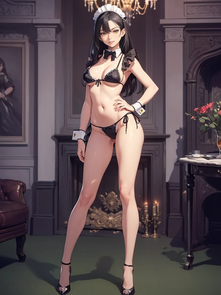 ((1girl, solo)), female, beautiful body, (perfect anatomy, perfect body, perfect hands, perfect legs), nice hands, natural proportions, sexy b, (large breasts:1anding, hand on hip, full body BREAK
((extremely detailed face)), (yellow eyes:1.2), (beautiful detailed eyes:1.6), (realistic pupils, realistic iris:1), expressive eyes, ((looking at viewer)), (clear eyes:1.3), (hyperrealistic:1.2), (detailed skin texture:1.2), smooth skin, (black hair:1.5), long hair, hair between eyes, (detailed lips:1.2), (attractive lips:1.1), (glossy lips:1.1), ((smile)), perfect face, perfect eyes BREAK
maid, (maid bikini:1.5), maid headdress, (detached collar:1.3), (black bowtie:1.3), front-tie top, ((black bikini)), covered nipples, ((wrist), side-tie bikini bottom, bare legs, black footwear, high heels BREAK
indoors, carpet, candlestand, couch, chair, table, painting (object), candle, chandelier, lamp, fireplace BREAK
(masterpiece:1.5), anime-style, top quality, best quality, (beautiful and aesthetic:1.2), (ultra detail:1.5), Ultra-detailed depiction, Ultra-precise depiction, extremely detailed 8k illustration, high resolution, (highly detailed shading:1.2), (realistic lighting:1.4), perfect lighting, vibrant colors, dynamic tones, striking hues, 8k, absurd resolution, perfect shadows, hdr, UHD, ambient lighting, realistic, ultra-realistic, photo realistic, highly detailed, rich detail, luminous colors, fine texture, intricate design, professional illustration, (soft light:1.2), (illustration:0.7)