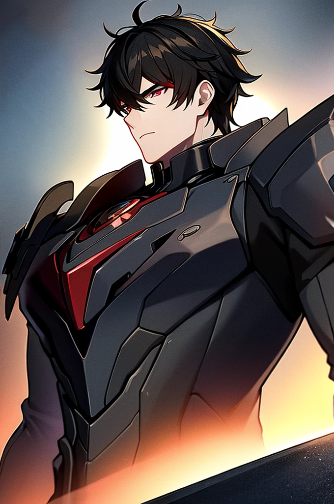 Man with black hair, dark eyes and black armor with red details with a black rose. With the face of a handsome man (detailed in Full HD 4K) 