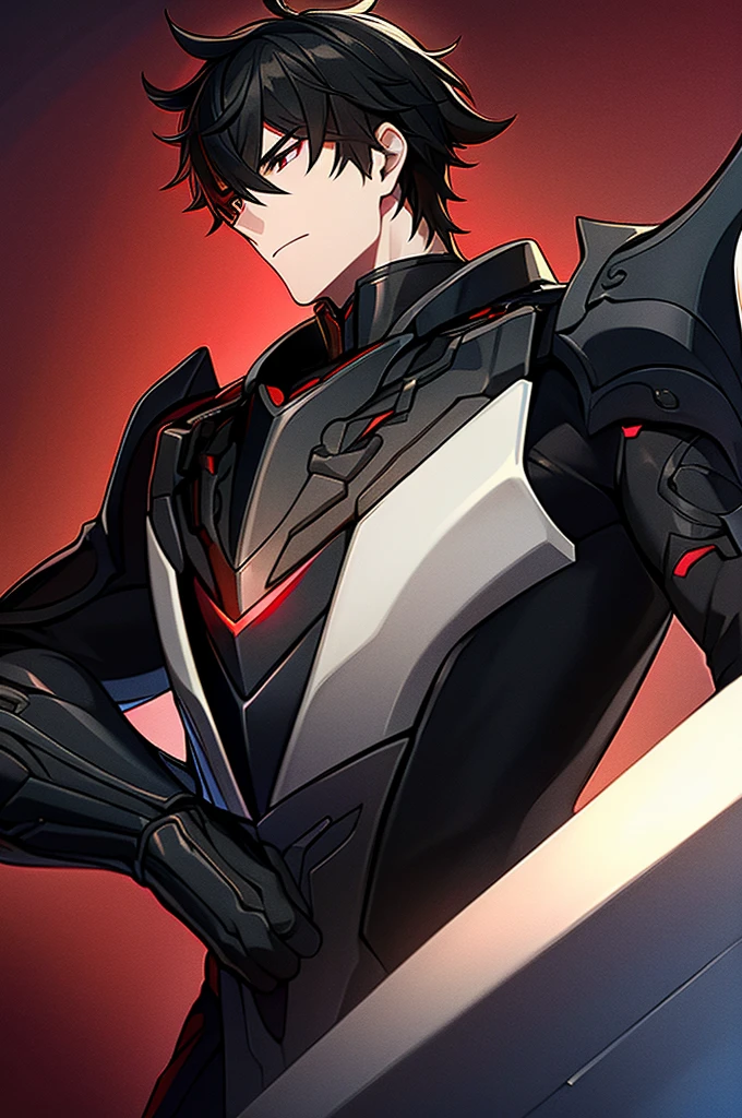 Man with black hair, dark eyes and black armor with red details with a black rose. With the face of a handsome man (detailed in Full HD 4K) 