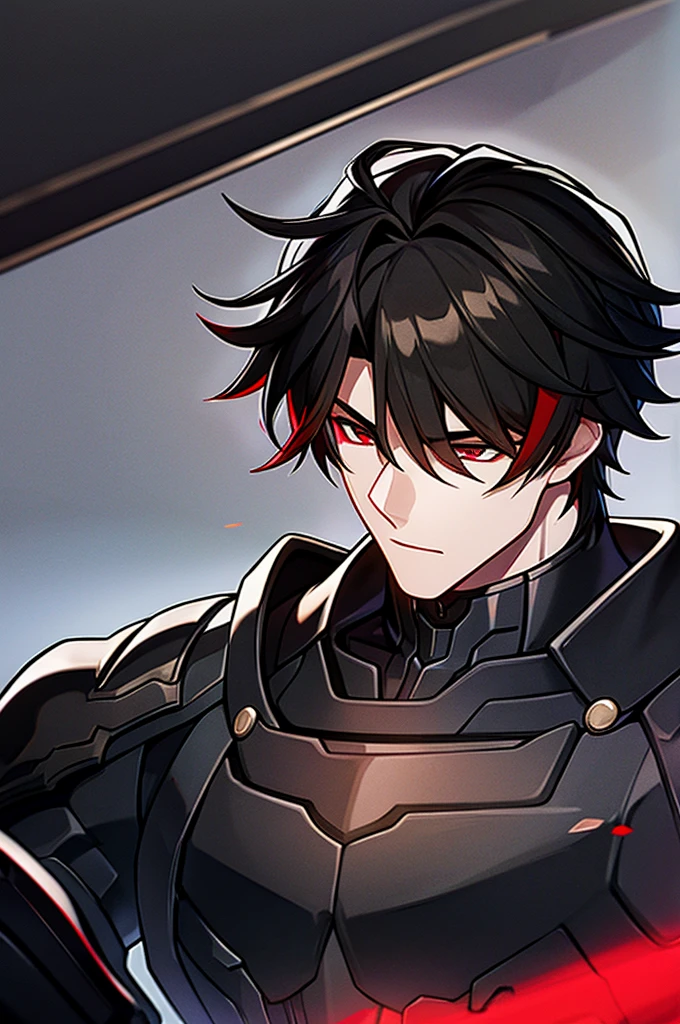 Man with black hair, dark eyes and black armor with red details with a black rose. With the face of a handsome man (detailed in Full HD 4K) 