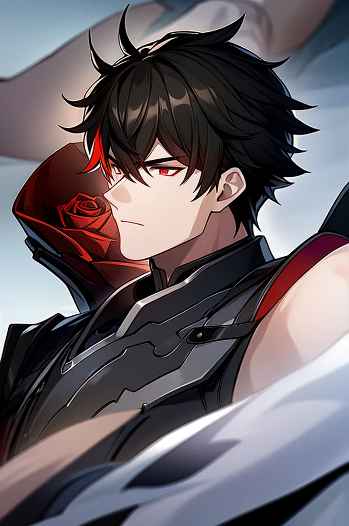 Man with black hair, dark eyes and black armor with red details with a black rose. With the face of a handsome man (detailed in Full HD 4K) 