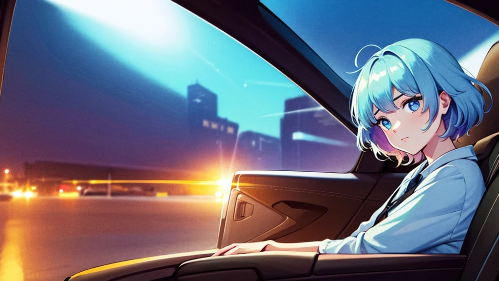 Create an image from the angle inside a car, showing a woman with a thoughtful expression on her face as she gazes out of the side window at the cityscape. The city outside should be visible, illuminated by streetlights and neon signs. Use soft, pastel colors and subtle gradients to capture a dreamy, reflective atmosphere. Ensure the interior of the car feels cozy and comfortable, adding to the overall serene vibe.窓の外を見ている。
