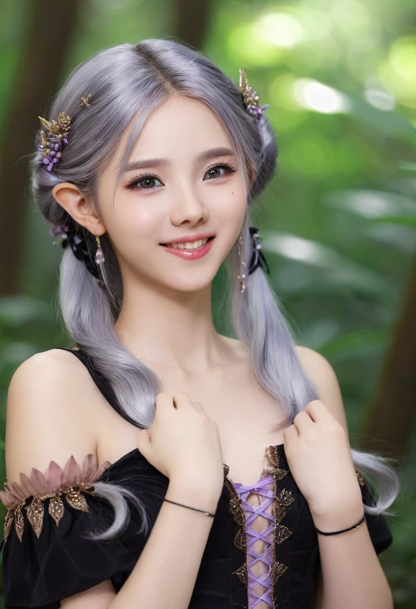Silver Hair、Big eyes、pupil、A detailed black dress、Genuine、Real、masterpiece、紫のpupil、Elf、beautiful、forest、princess、smile、whole body