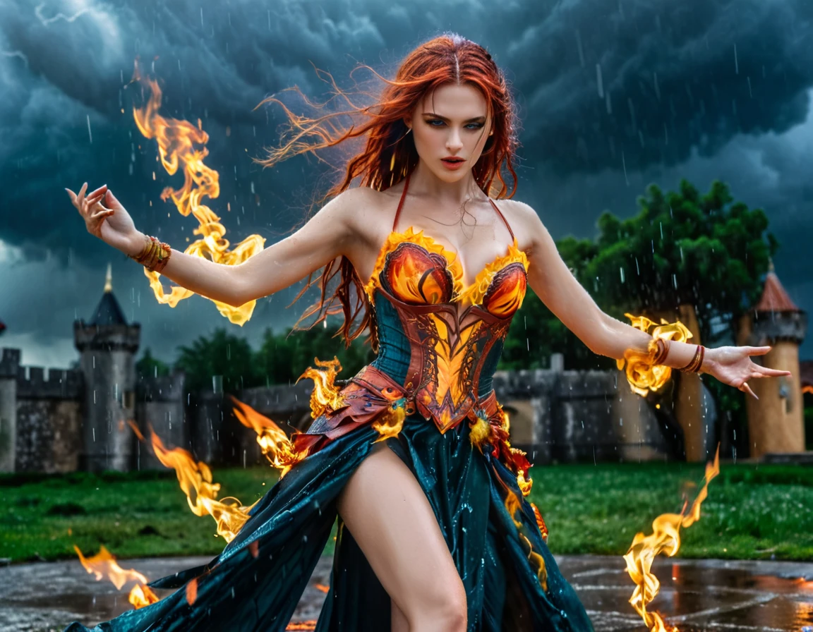 a sorceress of fire making fire dance in a the (storm of rain: 1.3), a most exquisite beautiful sorceress, controlling fire manipulating fire, a woman, dynamic hair color, dynamic hair style, (most beautiful face: 1.3), (ultra detailed face: 1.2), wet hair, wet face, dynamic eyes color, full body shot, wearing dress made of fire, wearing intricate high heels, light make up, dancing in courtyard of a fantasy castle background, ((heavy rain drops: 1.1)), clouds in the sky, (anatomically correct: 1.4), (full body shot: 1.1) , vibrant, Ultra-high resolution, High Contrast, (masterpiece:1.5), highest quality, Best aesthetics), best details, best quality, highres, ultra wide angle, 16k, [ultra detailed], masterpiece, best quality, (extremely detailed),DARK, chumbasket art style