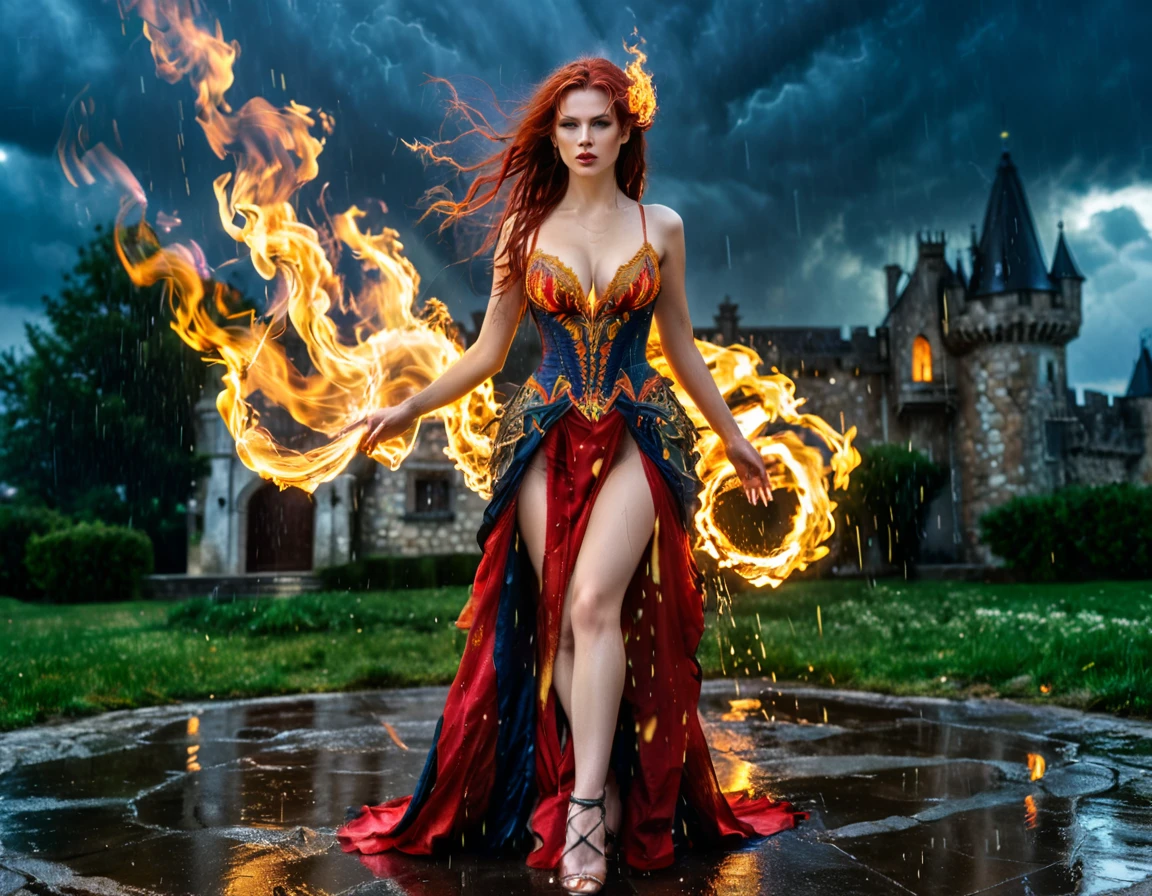 a sorceress of fire making fire dance in a the (storm of rain: 1.3), a most exquisite beautiful sorceress, controlling fire manipulating fire, a woman, dynamic hair color, dynamic hair style, (most beautiful face: 1.3), (ultra detailed face: 1.2), wet hair, wet face, dynamic eyes color, full body shot, wearing dress made of fire, wearing intricate high heels, light make up, dancing in courtyard of a fantasy castle background, ((heavy rain drops: 1.1)), clouds in the sky, (anatomically correct: 1.4), (full body shot: 1.1) , vibrant, Ultra-high resolution, High Contrast, (masterpiece:1.5), highest quality, Best aesthetics), best details, best quality, highres, ultra wide angle, 16k, [ultra detailed], masterpiece, best quality, (extremely detailed),DARK, chumbasket art style